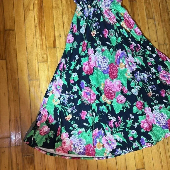 Vintage Michelle Stuart dark floral maxi cotton dress with shoulderpads - Picture 3 of 6